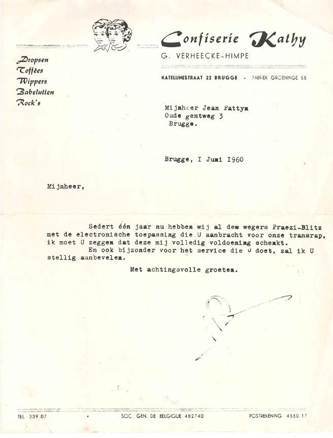 Original letter from our customer Confiserie Kathy, dated 1 June 1960